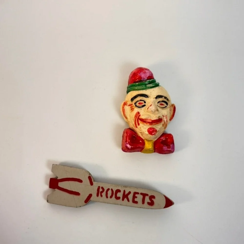 Vintage Pins Clown and Rocket Multicolor Weird Folk Art Kitsch 1950s Style Boho